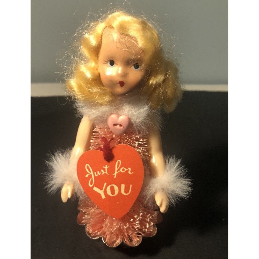 Vintage Nancy Ann Type Dollwire Bush Body Valentine Heart Blond Blue Eyes 5”h